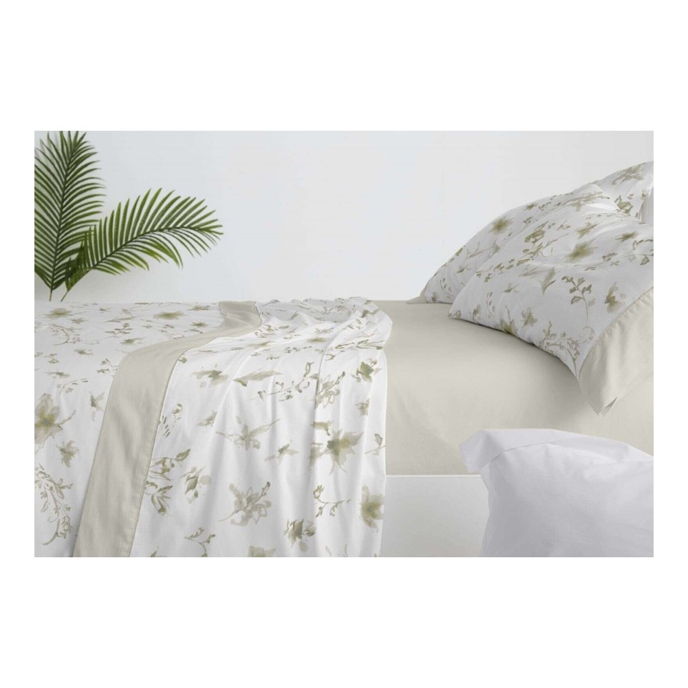 Juego de Sábanas Burrito Blanco - Diseño Floral color salvia