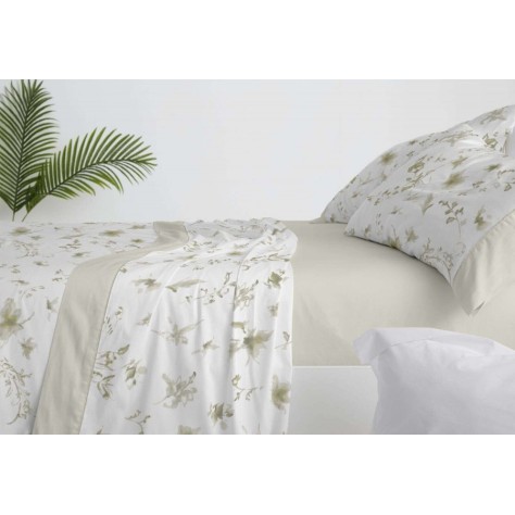 Juego de Sábanas Burrito Blanco - Diseño Floral color salvia