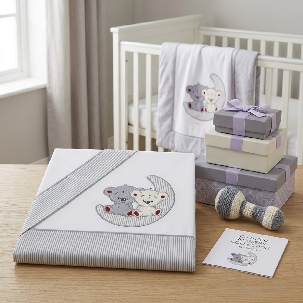 Juego de Sábanas de Cuna "Ositos en la Luna" – Elegancia Minimalista en Gris