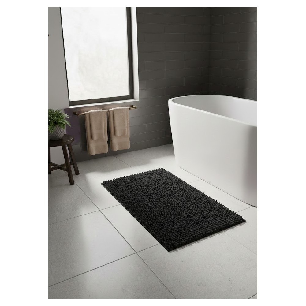 Alfombra de Baño de Microfibra y Chenilla (50x70 cm) – Negro Elegante, Súper Absorbente