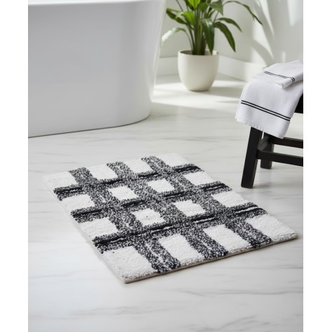Alfombra de baño de algodón diseño cuadros antracita y blanco 40x60 cm sobre suelo de mármol