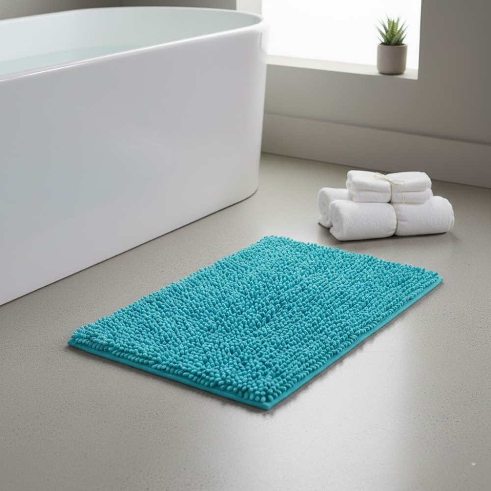 Alfombra de baño Eden Shagy de 60x40 cm en color azul turquesa con textura de microfibra de poliéster antideslizante.