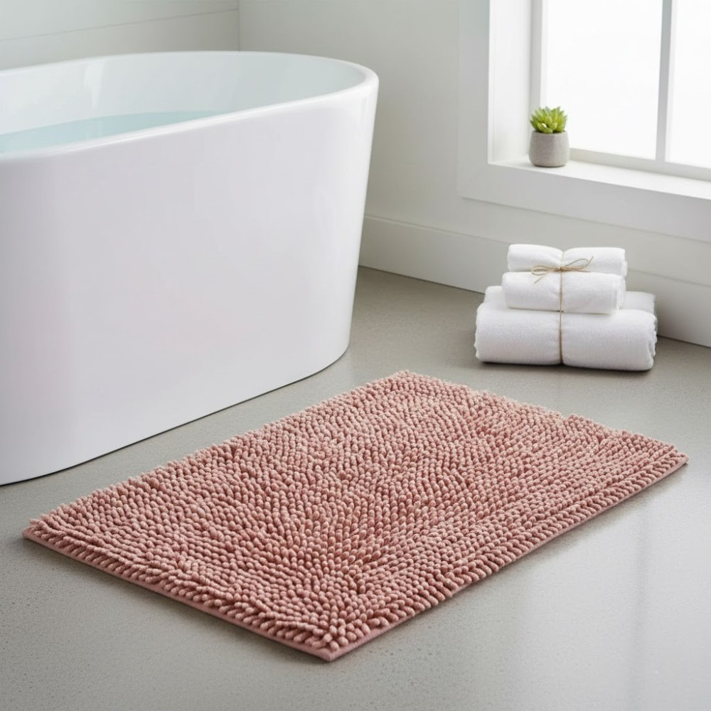 Alfombra de baño Eden Shagy de 60x40 cm en color rosa palo con textura de microfibra de poliéster antideslizante.