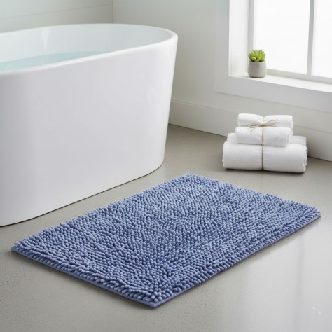 Alfombra de baño Eden Shagy de 60x40 cm en color celeste con textura de microfibra de poliéster antideslizante.