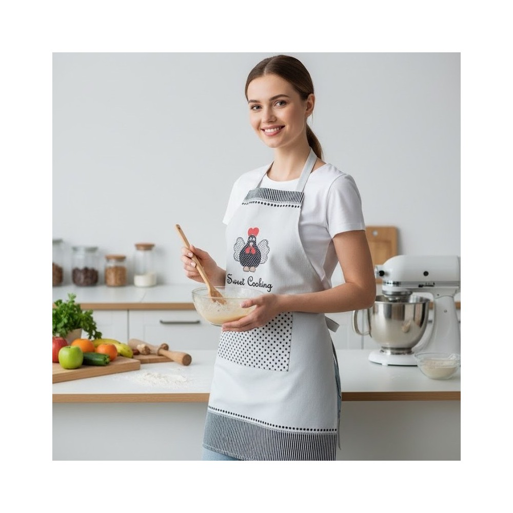 mujer en una cocina con el delantal de Cocina "Sweet Cooking" con Diseño de Gallina – 60x90 cm