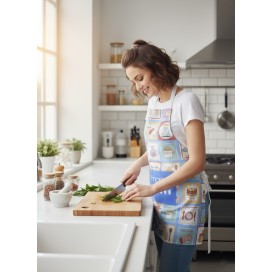 mujer en una cocina cocinando con el Delantal de Cocina "Bake a Cake" – Estampado Vintage Repostería (60x90 cm)