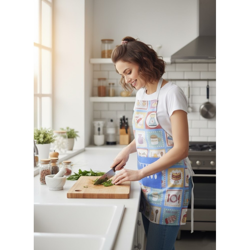 mujer en una cocina cocinando con el Delantal de Cocina "Bake a Cake" – Estampado Vintage Repostería (60x90 cm)