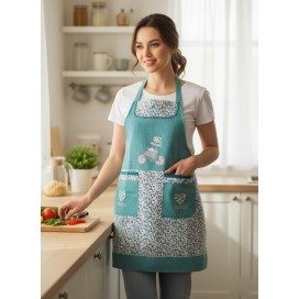 mujer en una cocina mostrando el Delantal de Cocina Vintage con estampado Floral verde