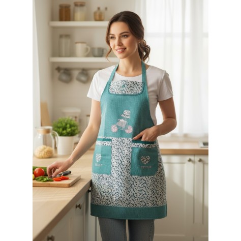 mujer en una cocina mostrando el Delantal de Cocina Vintage con estampado Floral verde