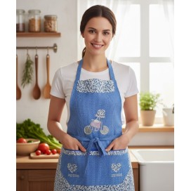 mujer posando con el Delantal de Cocina Azul con Detalles Florales