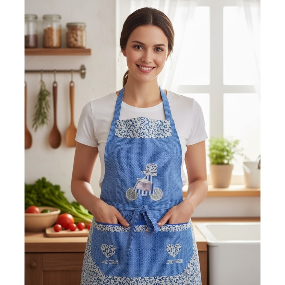 mujer posando con el Delantal de Cocina Azul con Detalles Florales