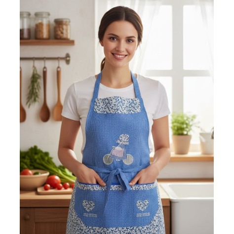 mujer posando con el Delantal de Cocina Azul con Detalles Florales