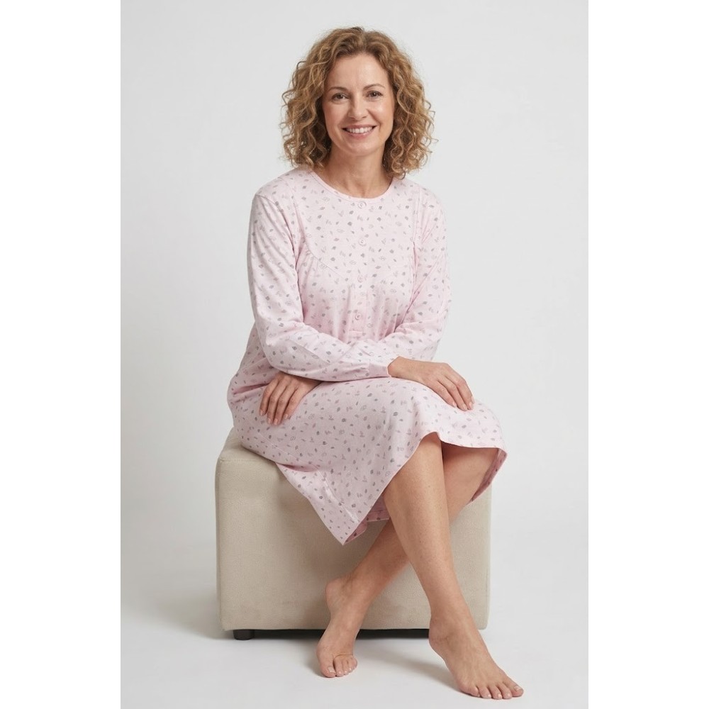 Camisón clásico de mujer 100% algodón, manga larga con botones y estampado floral rosa, ideal para pieles sensibles.