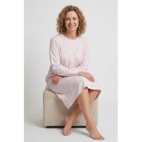 Camisón clásico de mujer 100% algodón, manga larga con botones y estampado floral rosa, ideal para pieles sensibles.