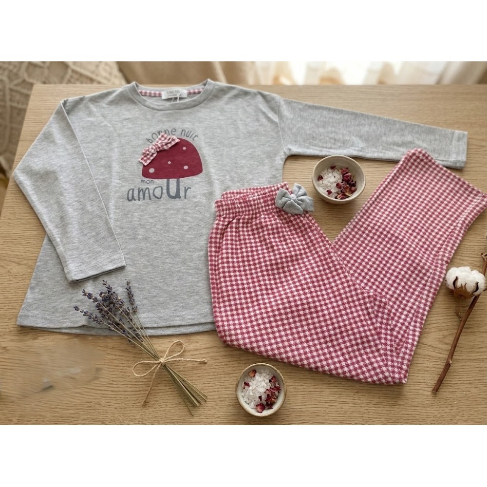 Pijama infantil gris y granate 100% algodón "bonne nuit" – Suavidad y confort para niña