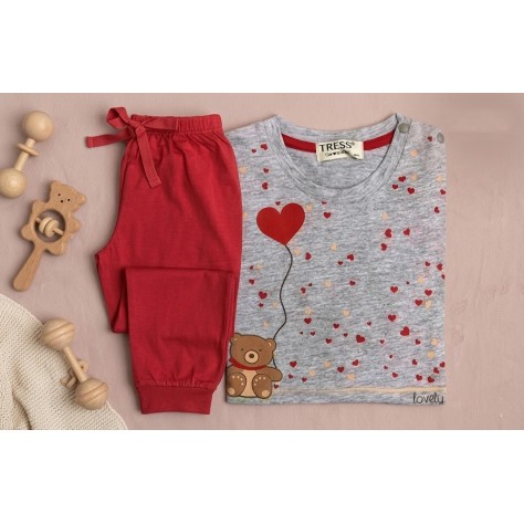 Pijama de Niña 100% Algodón | Diseño Osito con Globo y Corazones