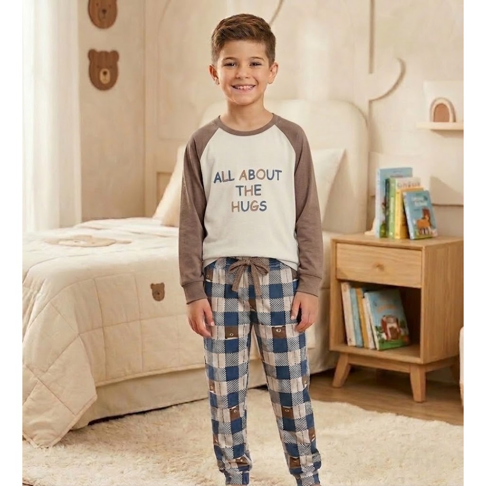 Pijama de Niño 100% Algodón - Suave, Transpirable y Cómodo - Diseño Oso Hugs