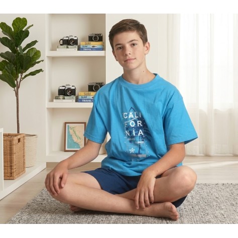 Pijama de verano para niño 100% algodón – Camiseta azul con estampado California