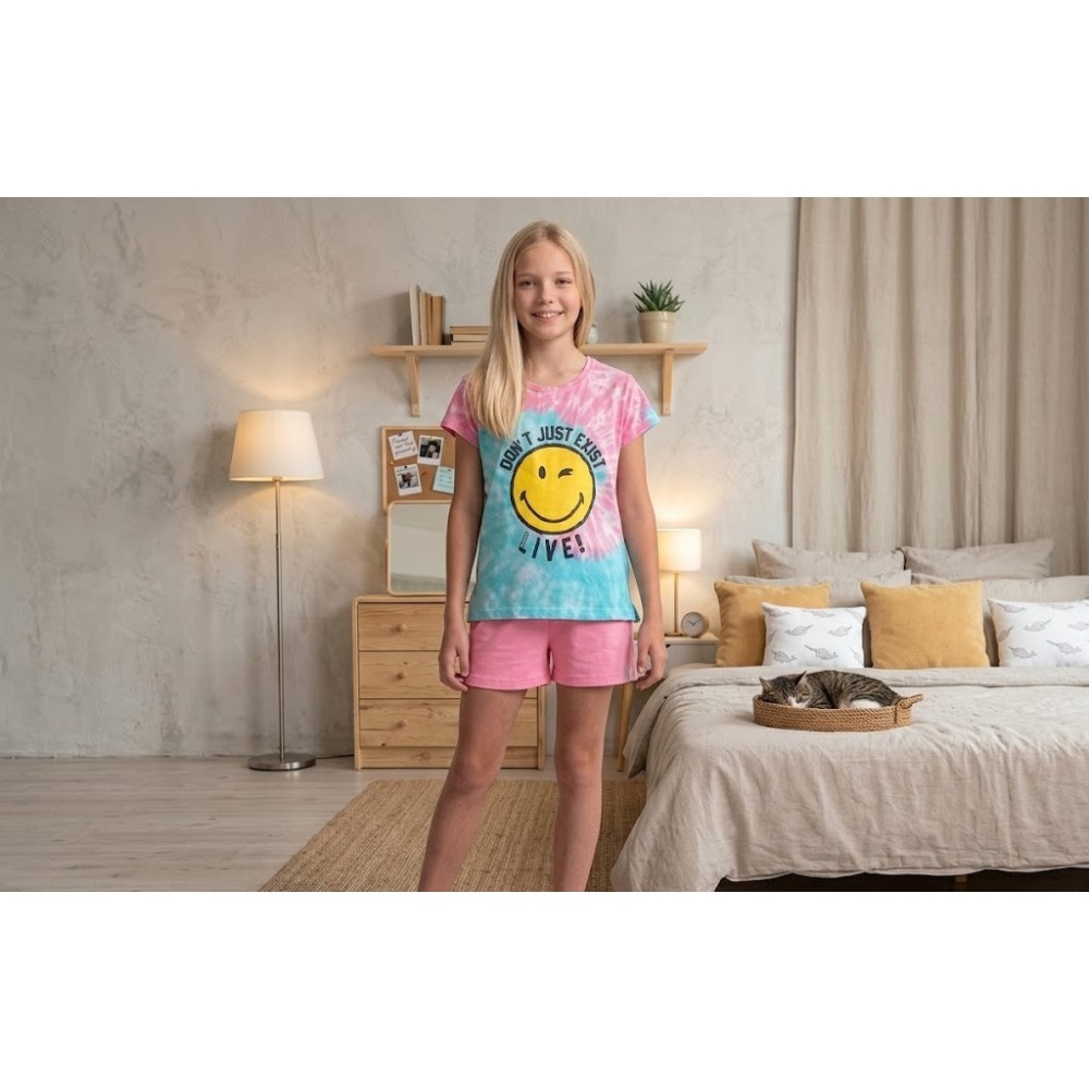 Pijama de Verano "Don't Just Exist" - Algodón Puro y Suave con Estampado Tie-Dye para Niña
