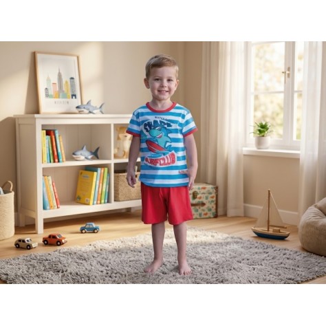 Pijama de niño corto 100% algodón de rayas azul y blanco con gráfico de tiburón surfista y pantalón rojo.