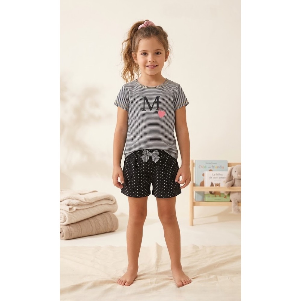 Pijama de 2 Piezas para Niña - color blanco y negro - 100% Algodón, Diseño de Rayas y Lunares
