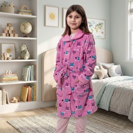Bata infantil rosa con estampado de gatitos y cinturón ajustable