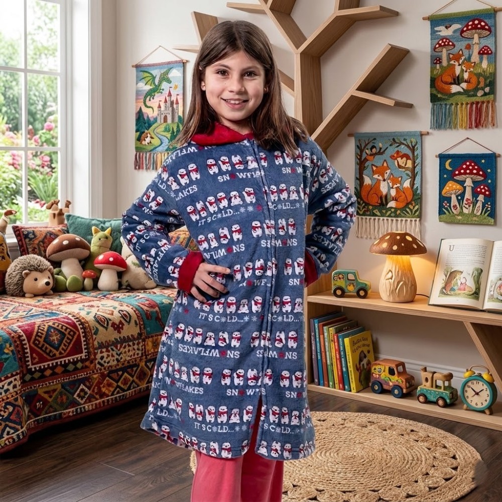 Bata infantil azul con estampado invernal de muñecos de nieve