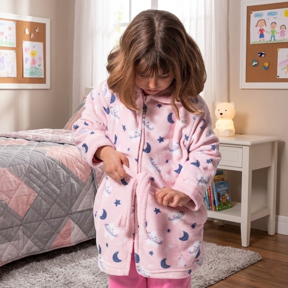 Bata infantil rosa con estampado de lunas y estrellas