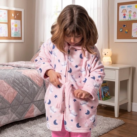 Bata infantil rosa con estampado de lunas y estrellas