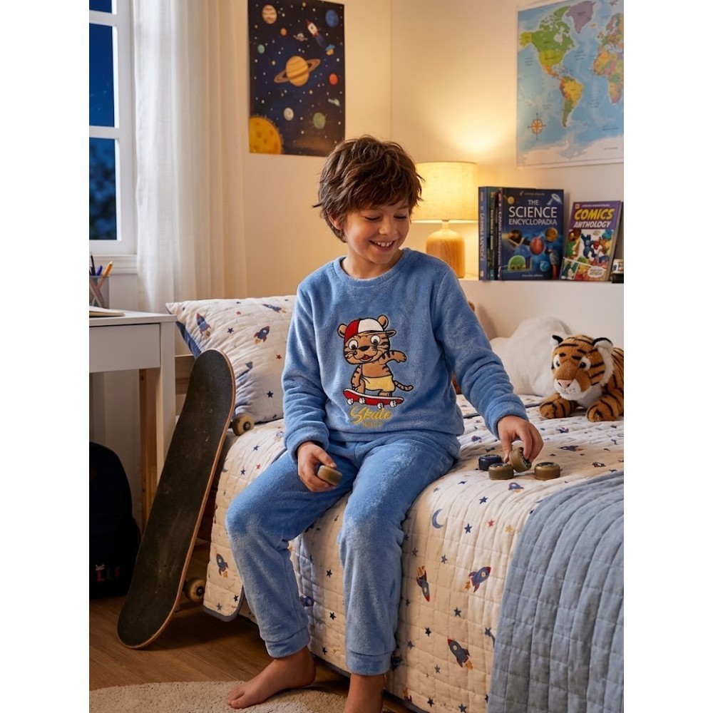 Pijama infantil de coralina “Skate Park” – azul, cálido y divertido
