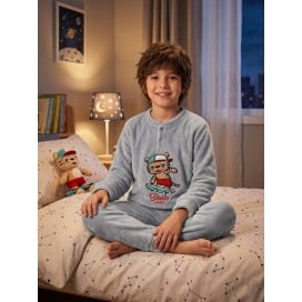 Pijama infantil de coralina “Skate Park” – gris, cálido y cómodo