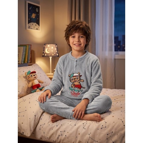 Pijama infantil de coralina “Skate Park” – gris, cálido y cómodo