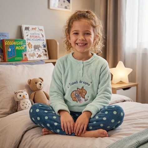 Pijama infantil de coralina “Sweet Dreams” verde – suave, cálido y cómodo