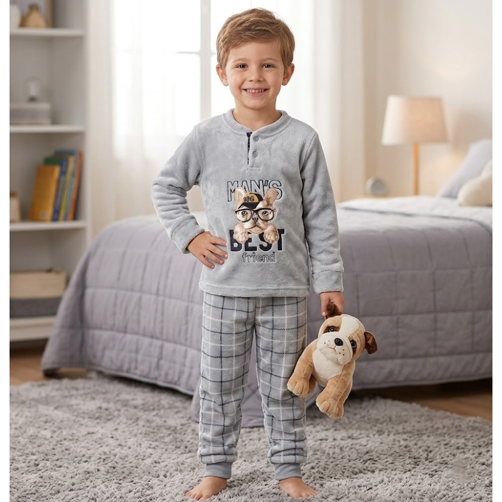 Pijama de Coralina para Niño "best friend" - Gris con Cuadros