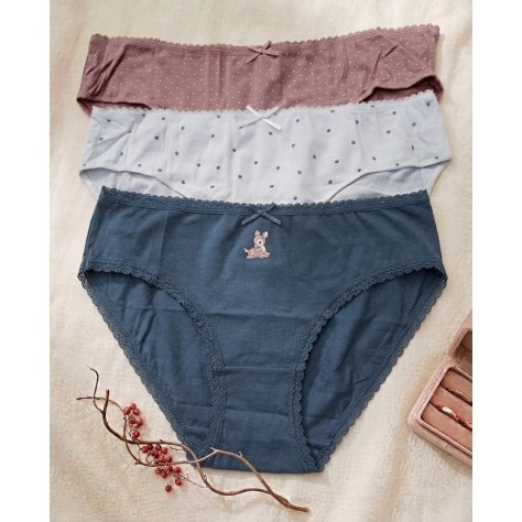 Pack de 3 Bragas de Algodón Básico con Encaje y Estampados Tiernos