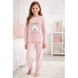 Pijama infantil rosa de niña 100% algodón con camiseta de manga larga estampado koala y pantalón largo de cuadros