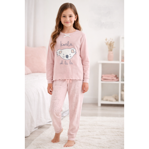 Pijama infantil rosa de niña 100% algodón con camiseta de manga larga estampado koala y pantalón largo de cuadros