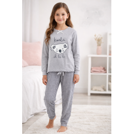 Pijama infantil gris de niña 100% algodón con camiseta de manga larga estampado koala y pantalón largo de cuadros