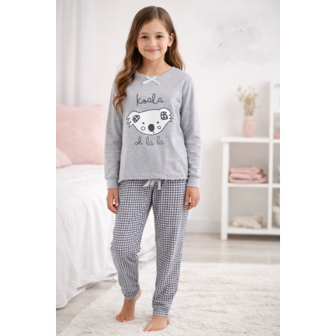 Pijama infantil gris de niña 100% algodón con camiseta de manga larga estampado koala y pantalón largo de cuadros