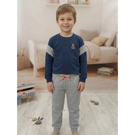 Pijama infantil azul marino y gris – Conjunto cómodo de algodón para niño