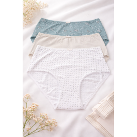Pack de 3 bragas de talle alto para mujer en color verde menta floral, crema liso y blanco estampado sobre fondo luminoso