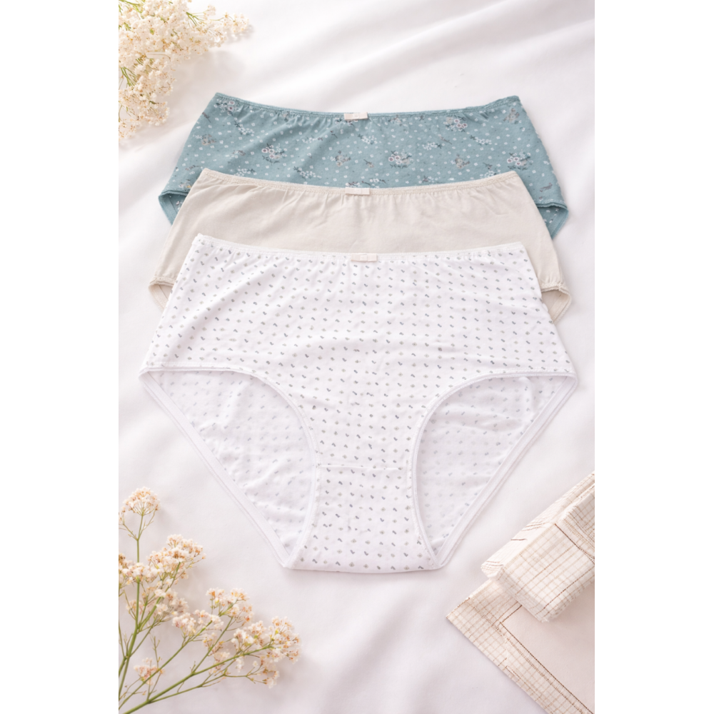 Pack de 3 bragas de talle alto para mujer en color verde menta floral, crema liso y blanco estampado sobre fondo luminoso