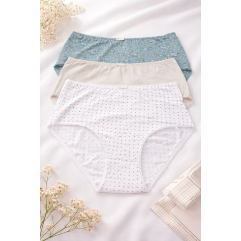 Pack de 3 bragas de talle alto para mujer en color verde menta floral, crema liso y blanco estampado sobre fondo luminoso