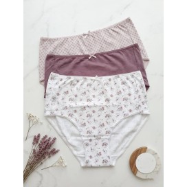 Pack de tres bragas altas de algodón en color ciruela, malva con micro-estampado y blanco con flores lilas