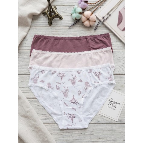 Pack de tres bragas tipo bikini de algodón con estampado de la Torre Eiffel, rayas y color malva liso sobre fondo blanco