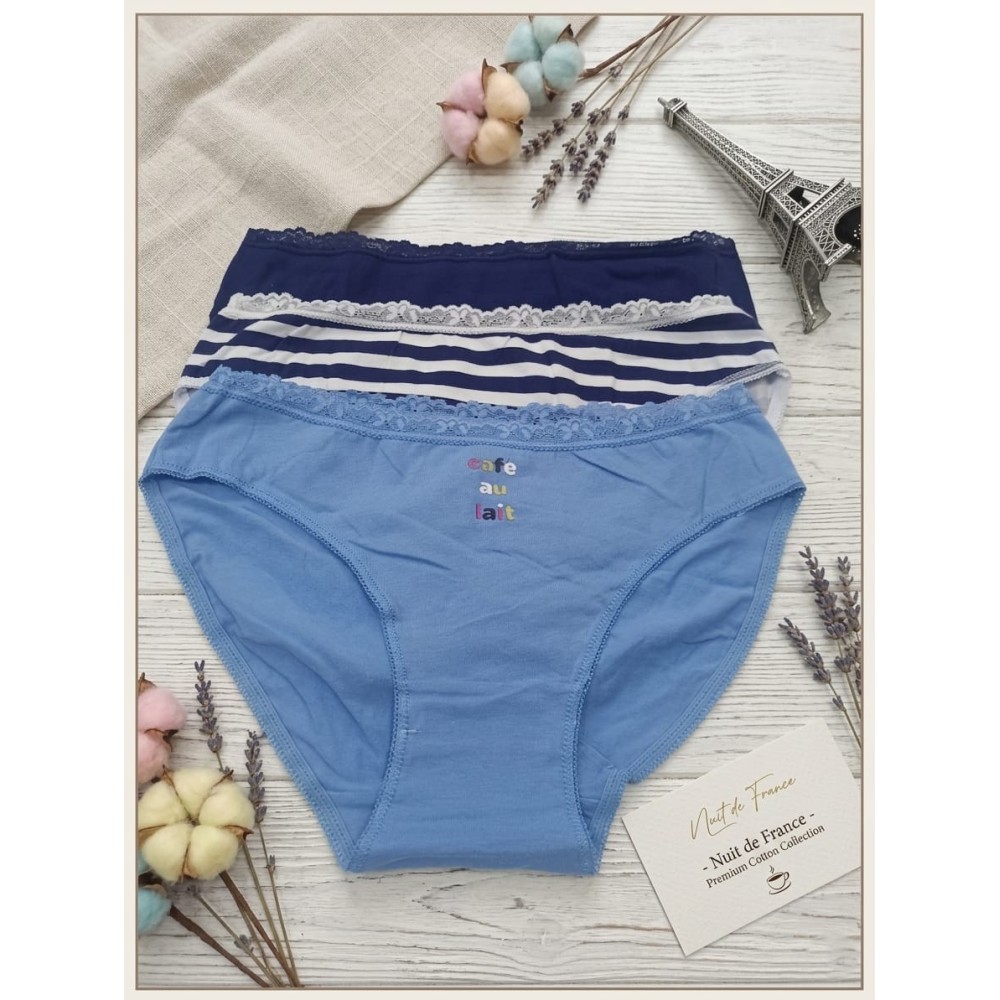 Pack de 3 bragas bikini de algodón en azul celeste con texto 'café au lait', rayas marineras y azul marino liso