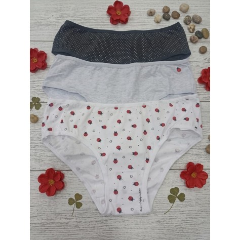 Pack de 3 bragas tipo bikini de algodón con estampado de mariquitas, gris liso y negro con topos blancos