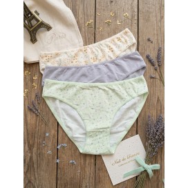 Pack de 3 bragas tipo bikini de algodón en color verde menta floral, lila liso y crema con estampado botánico