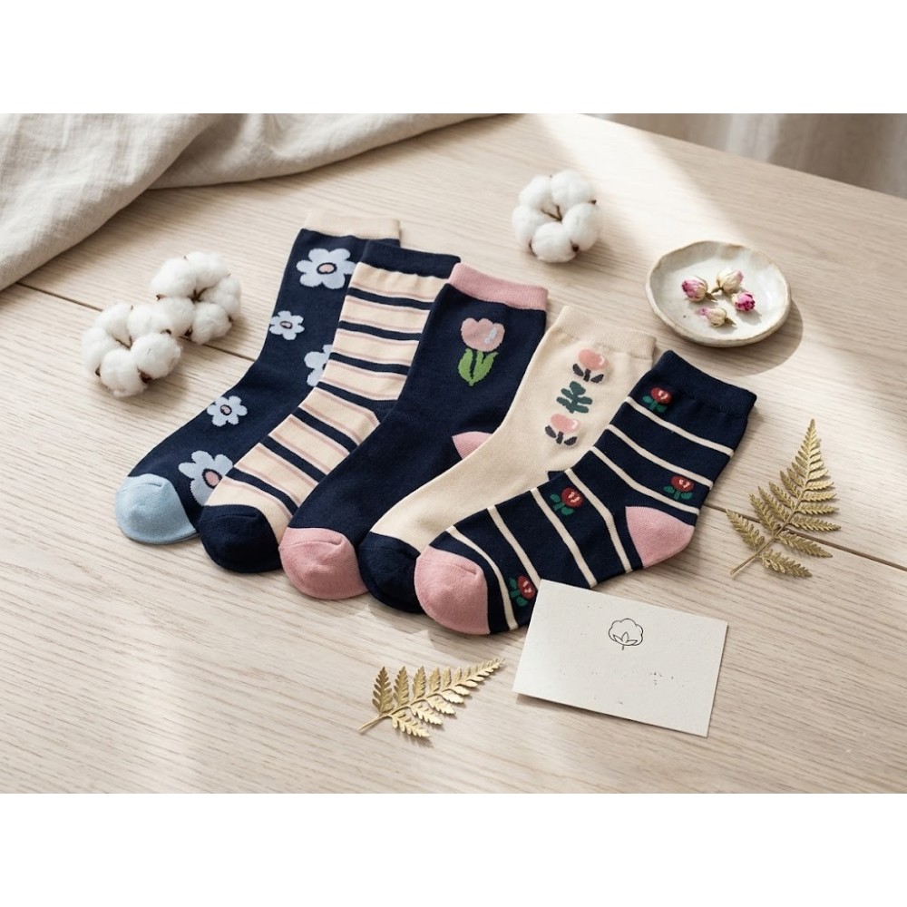 Pack de 3 Calcetines de Algodón "Blue & Rose" – Estampado de Tulipanes y Rayas