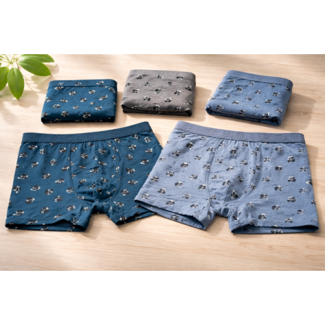 Pack de dos bóxers para hombre con estampados modernos en azul y gris sobre fondo de madera.